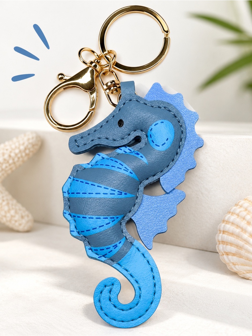 Blue Seahorse Keychain Bag Charm Faux Leather Ocean Coastal